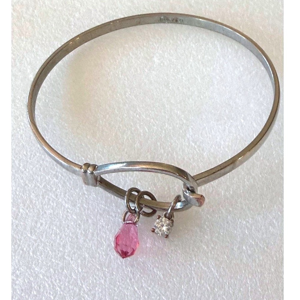 Carolina Herrera 925 Sterling Silver‎ Charm Bangle Bracelet Pink Crystal Drop